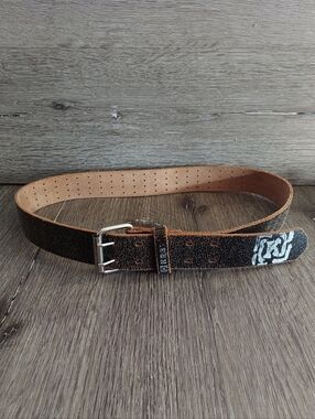 Kr3w Men's Black Perforated Leather Belt with Silver Buckle 40.5" Long